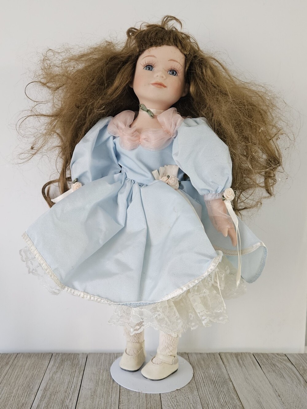 Vintage Porcelain 18" Doll with Blue Dress and Lace Trim and Display Stand No Ma